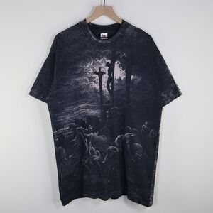 Vintage 90s Gustave Dore Crucifixion Jesus Art All Over Print T-Shirt Black XL